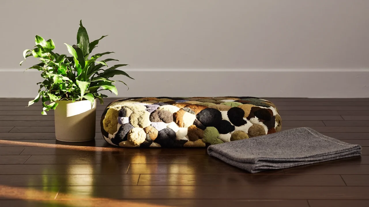 Rolig krog i hjemmet med plante, uldtæppe og meditationspude i eftermiddagslys